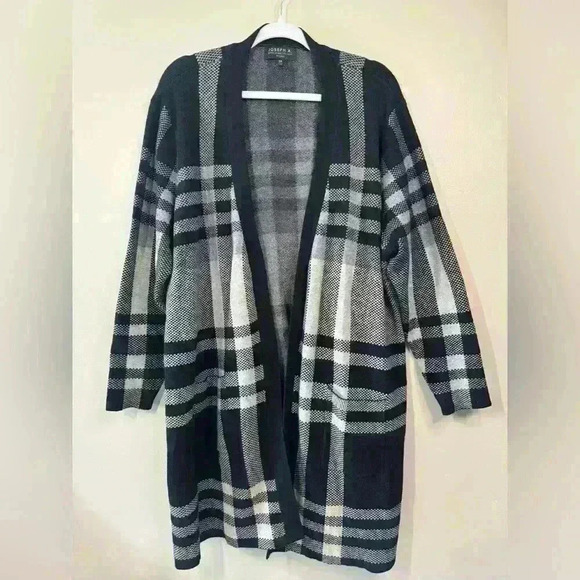Joseph A plain black gray white plaid open front long cardigan size 3x office - Picture 1 of 9